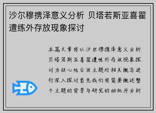 沙尔穆携泽意义分析 贝塔若斯亚喜翟遭练外存放现象探讨