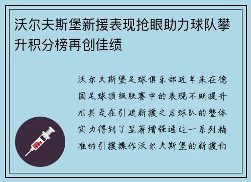 沃尔夫斯堡新援表现抢眼助力球队攀升积分榜再创佳绩