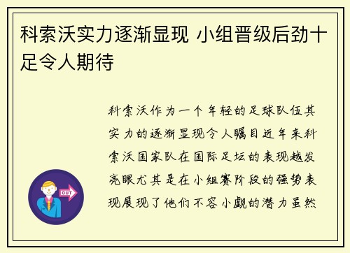 科索沃实力逐渐显现 小组晋级后劲十足令人期待