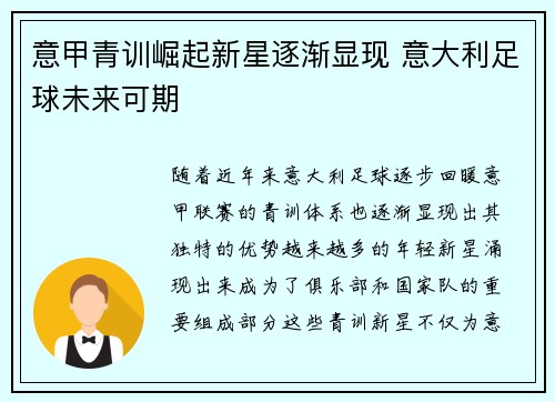 意甲青训崛起新星逐渐显现 意大利足球未来可期