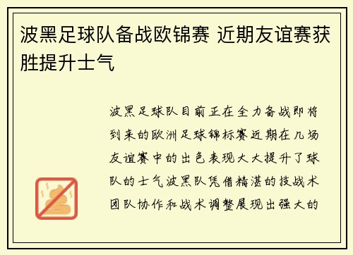 波黑足球队备战欧锦赛 近期友谊赛获胜提升士气
